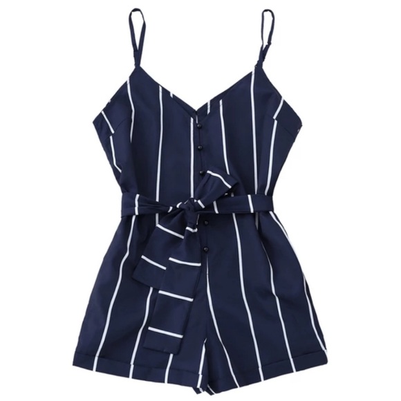Zaful Pants - ZAFUL Striped Belted Spaghetti Strap Romper NWT size Large